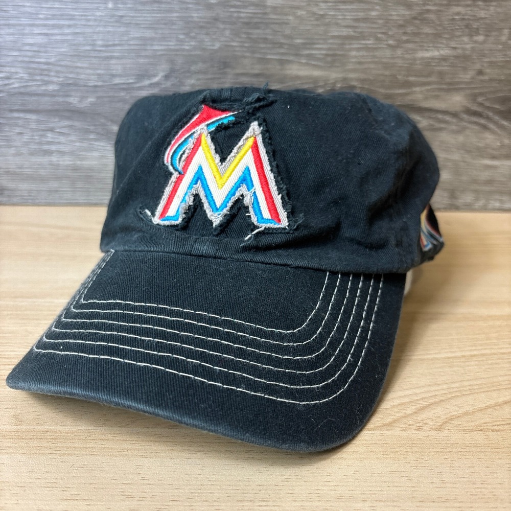 Florida Marlins Hat Cap Strap Back Black MLB Baseball Distressed '47‎